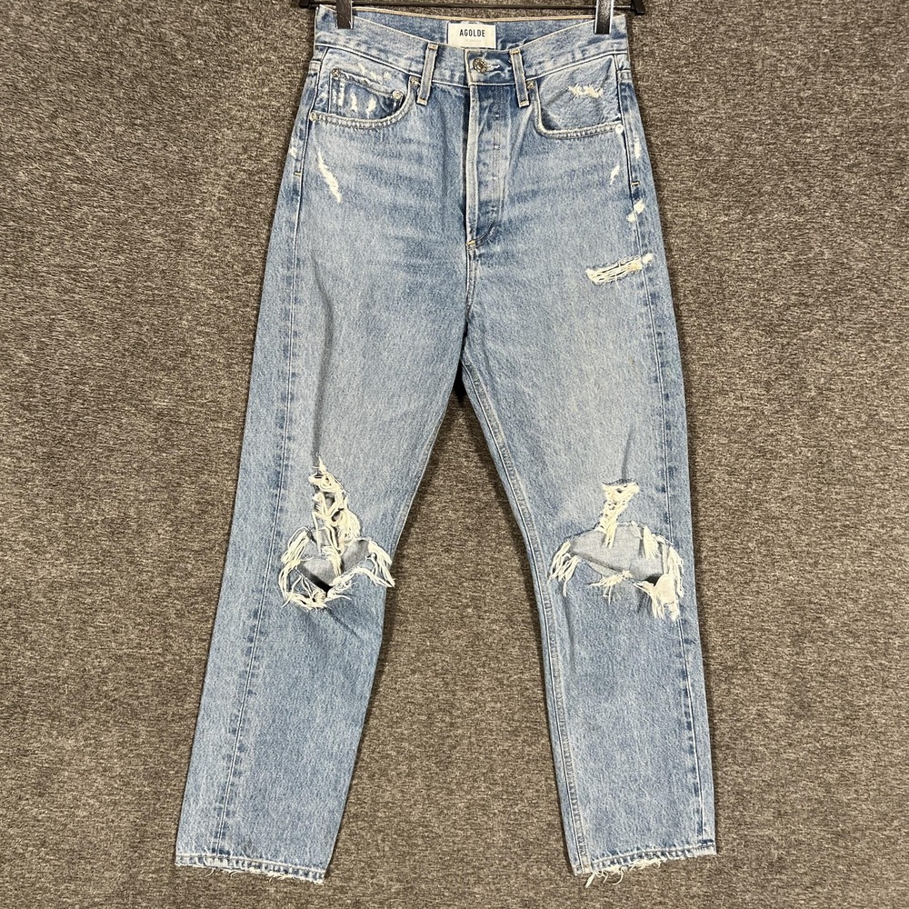 Agolde 90s Mid Rise Loose Fit Jeans Womens 23‎ Light Wash Distressed Straight